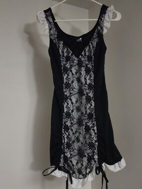 Black Lace-Front Ruffle Trim Women's Dress